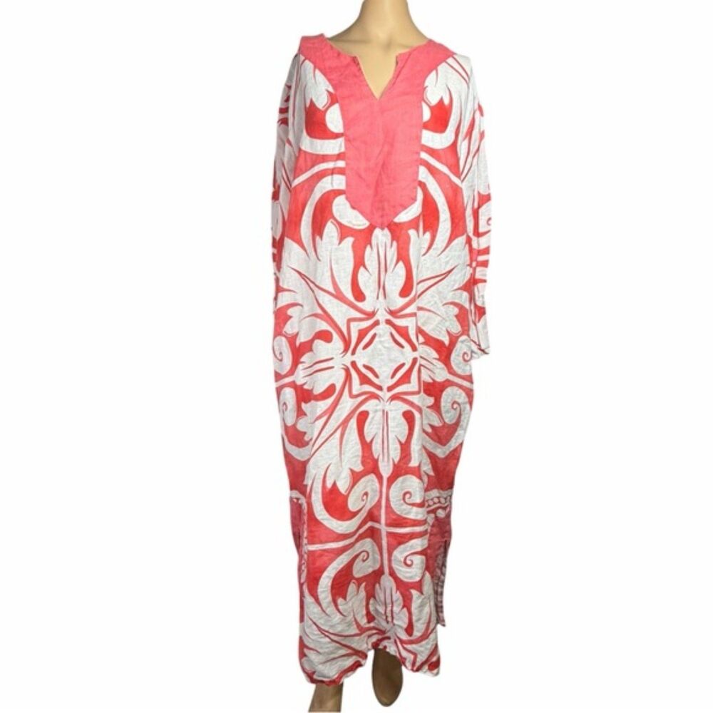 Sagimar Coral & White Linen Kaftan Maxi Dress Made In Italy